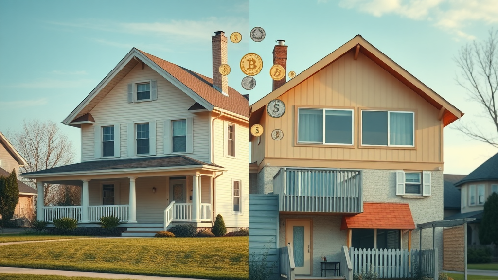 visual comparison of large house with high expenses and smaller home with lower bills, illustrating pros and cons of downsizing your home for retirement