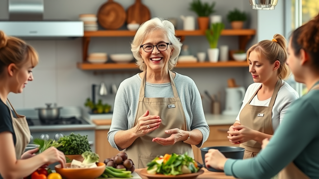 Older woman teaching a cooking class, demonstrating teaching as a retirement side hustle for extra income