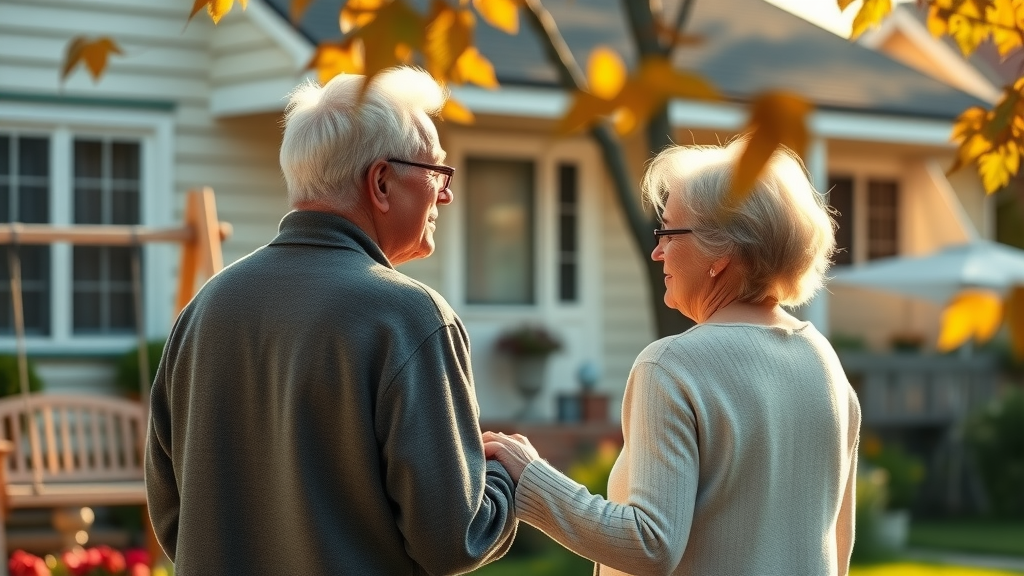 elderly couple experiencing the emotional aspects of downsizing as they hold hands and view their family home, surrounded by nostalgic suburban details