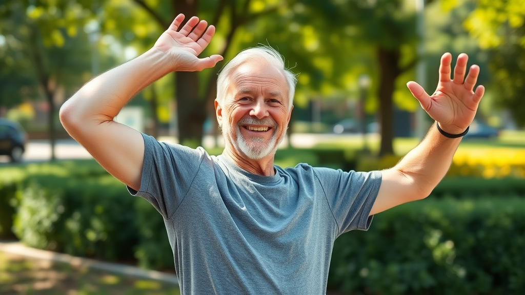 Energetic senior stretching before a dog walk in a city park, enjoying healthy part-time work for retirees