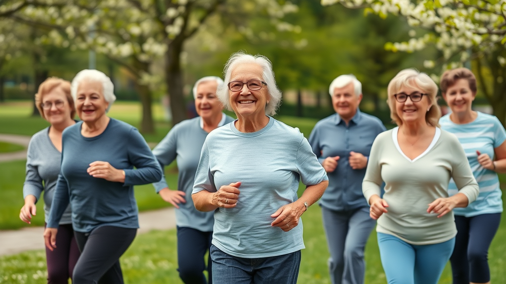 Vibrant group of seniors engaging in brisk walking in a lush park, exercise benefits for seniors, physical activity, older adults in motion