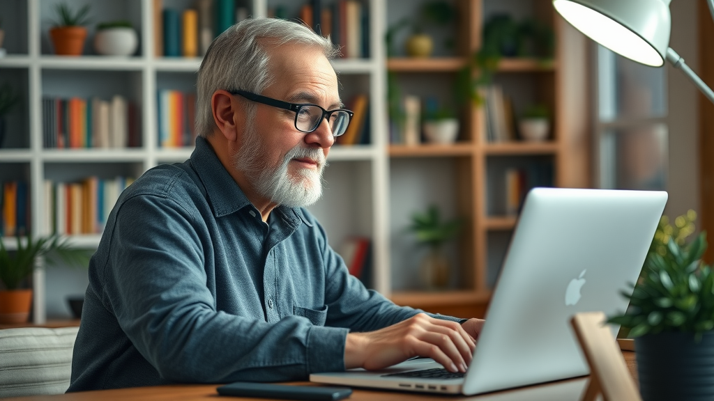 freelance writing motivated senior man typing on laptop at home post-retirement jobs