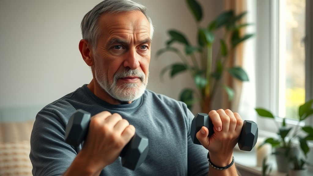 Determined senior man focused on gentle weight lifting at home, physical activity, exercise for seniors, health condition management