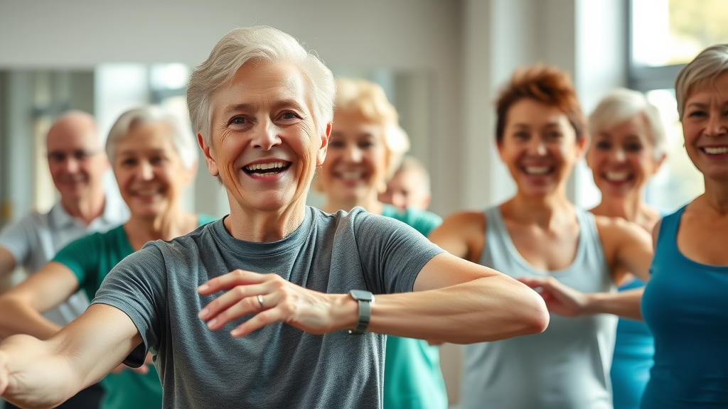 cheerful senior adults participating in a group fitness class in a sunlit studio – senior fitness routines for older adults