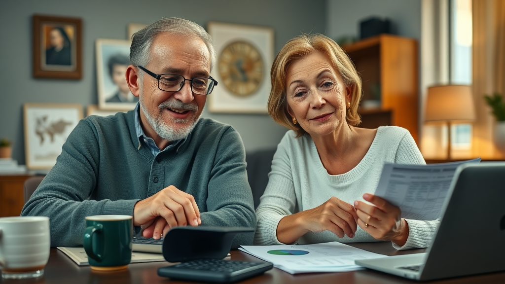 Senior couple calculating investment-driven retirement income, confident in their retirement savings strategies