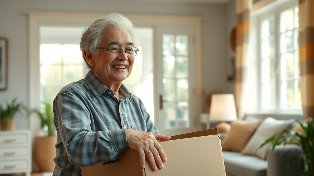 Downsizing in retirement: Happy retiree organizing fewer belongings in a smaller, sunlit home