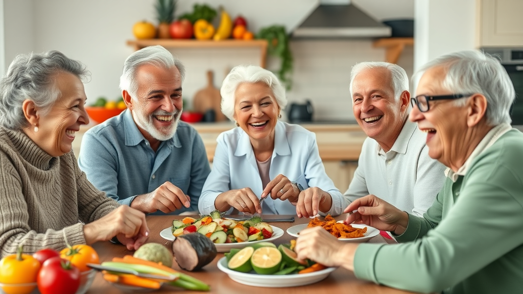 older adults laughing and sharing a nutrient-rich healthy meal together, illustrating the value of healthy eating in active aging strategies