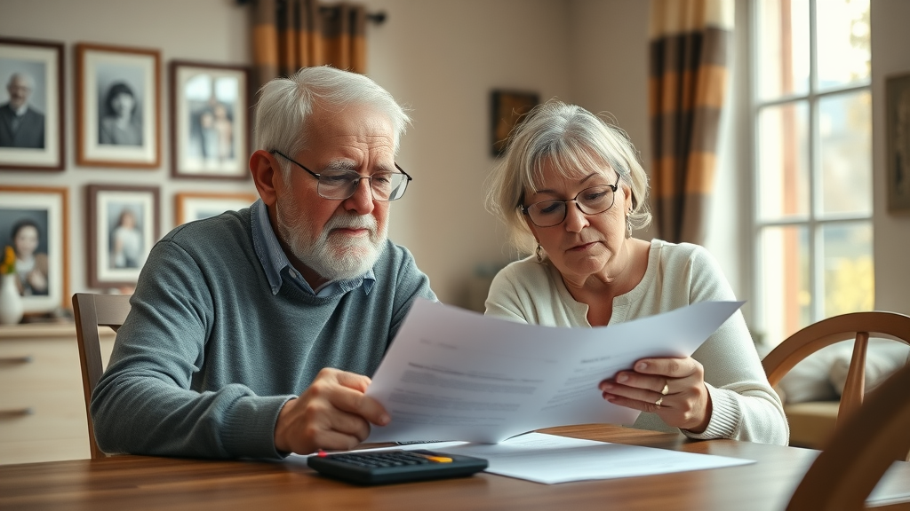 thoughtful senior couple reviewing financial impact of downsizing at home with calculator and documents, cozy background, family photos, soft daylight