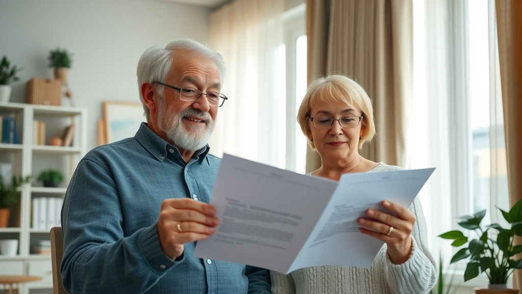 Senior couple confidently reviewing retirement income sources and documents at home.