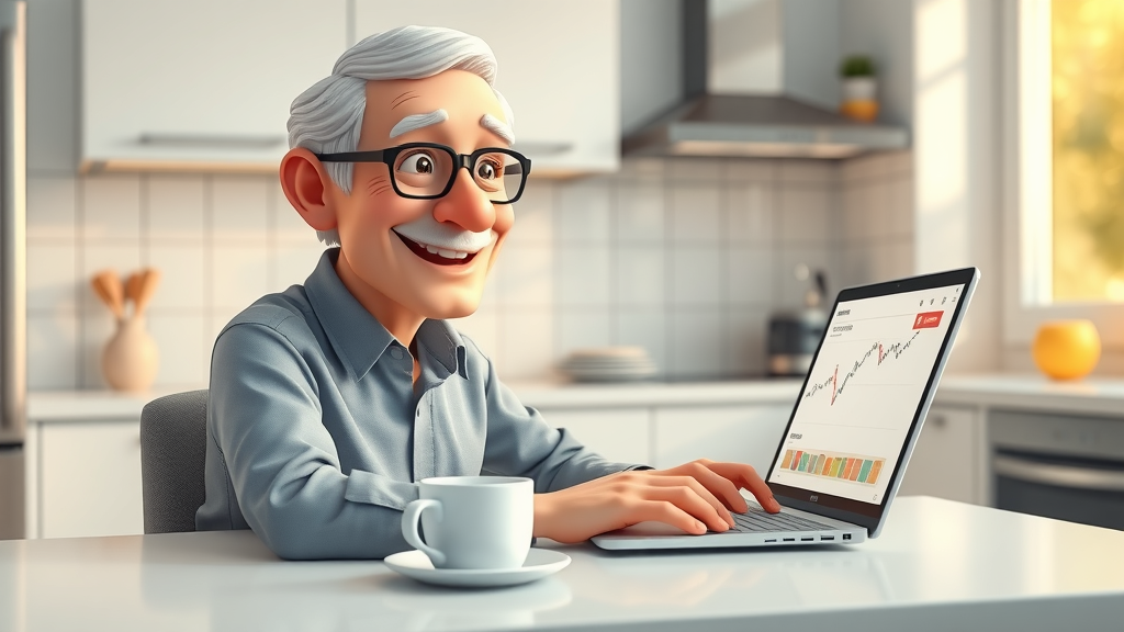 Retiree using a laptop to manage investment options, reviewing stocks and mutual funds as part of retirement income sources.
