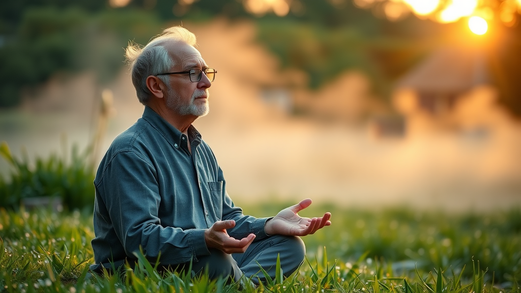 Serene senior man meditating outdoors, healthy habits after retirement