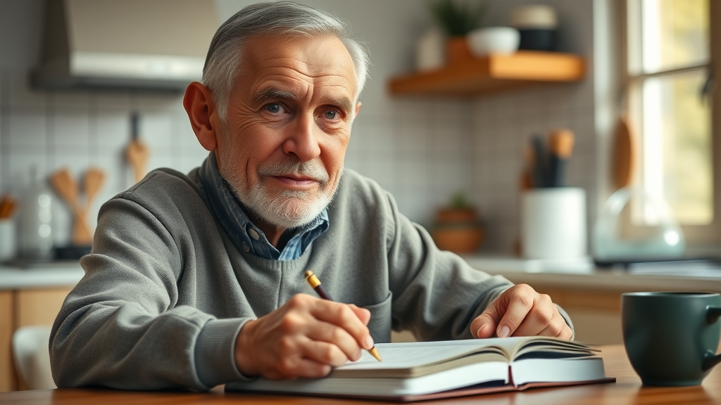 Elderly man with optimistic expression, writing in journal, retirement transition, kitchen, morning light