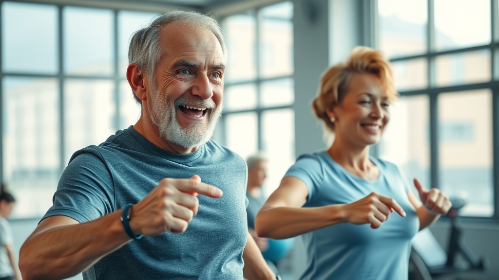 Energetic senior man and woman performing regular exercise for retirement wellness in a bright modern studio