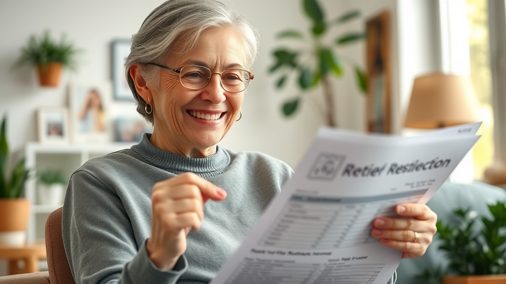 happy retired woman inspired expression looking at retirement income statement post-retirement jobs