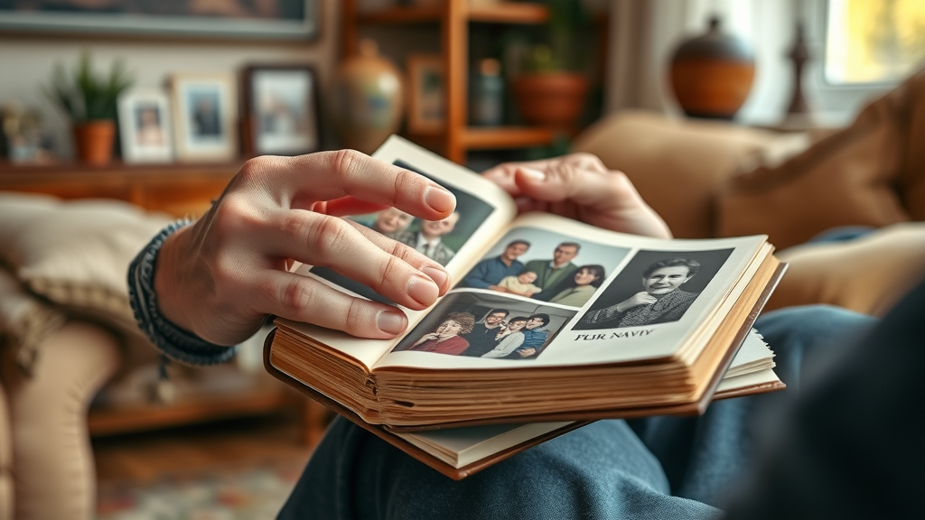 Letting go of sentimental items: elderly hands holding family photos and mementos