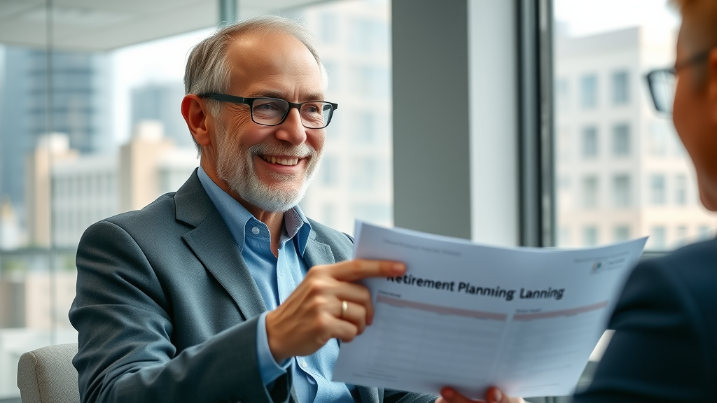 Smiling retired man meeting with advisor for retiree health management and retirement planning documents in modern office.