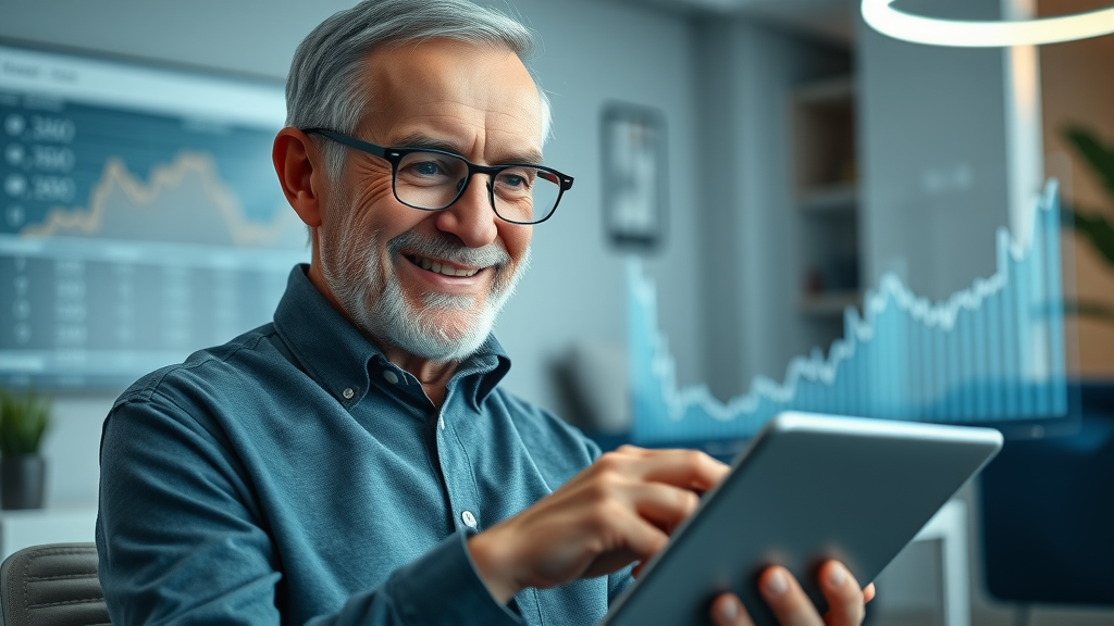 downsizing for retirement confident senior man reviewing savings budgeting personal finance on tablet