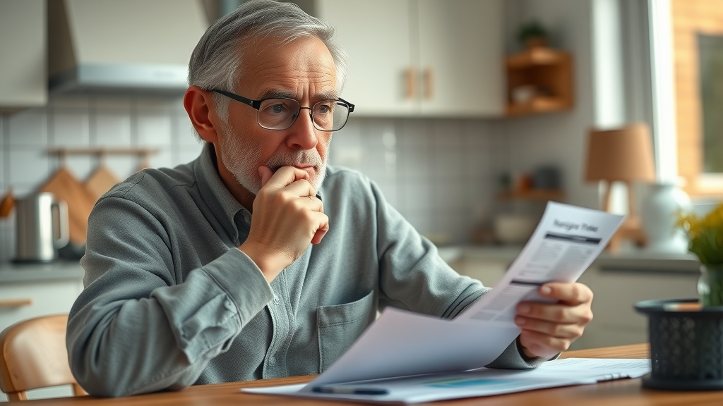 benefits of downsizing in retirement: Analytical senior man calculating finances at kitchen table, surrounded by documents and a calculator, exemplifying financial responsibility
