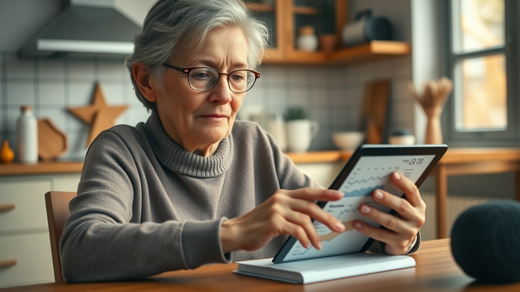 elderly woman budgeting retirement income on tablet, analyzing spending graphs in cozy kitchen
