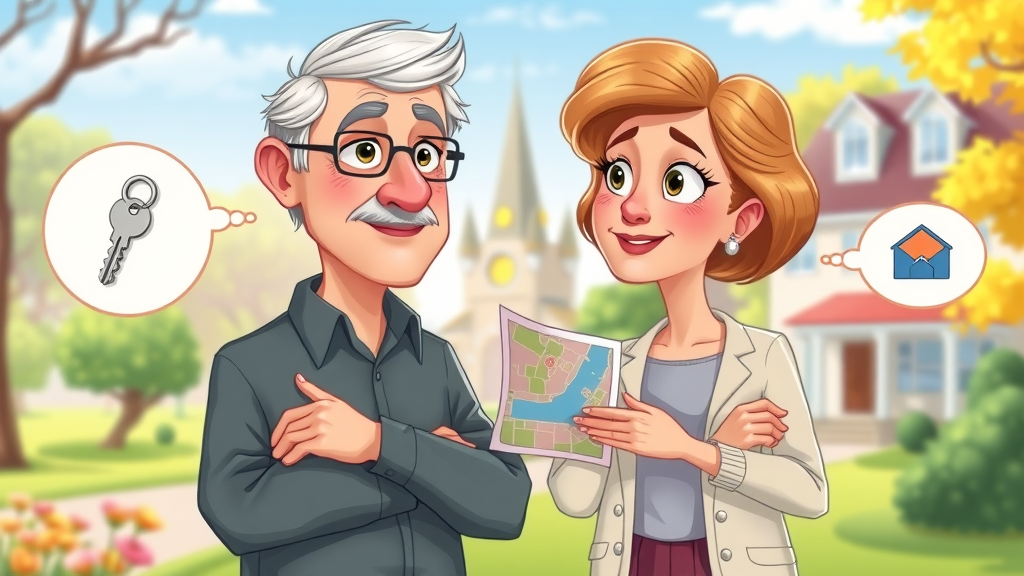animated senior couple using a flowchart to weigh downsizing vs. relocating in retirement options in the park