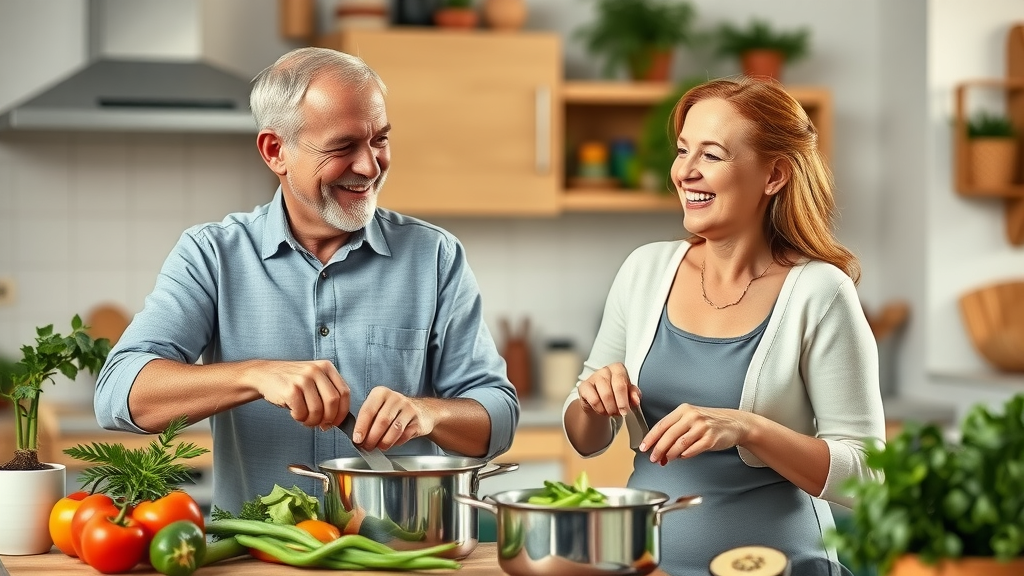 Energetic senior couple cooking healthy Mediterranean food, healthy habits after retirement