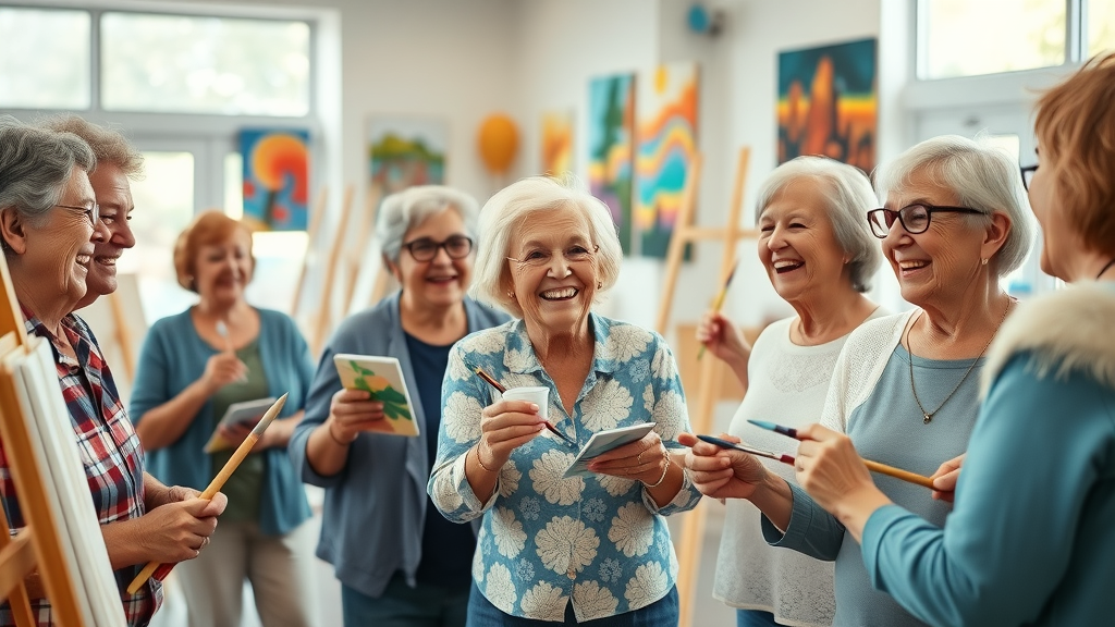 Lively senior group painting together—healthy habits after retirement
