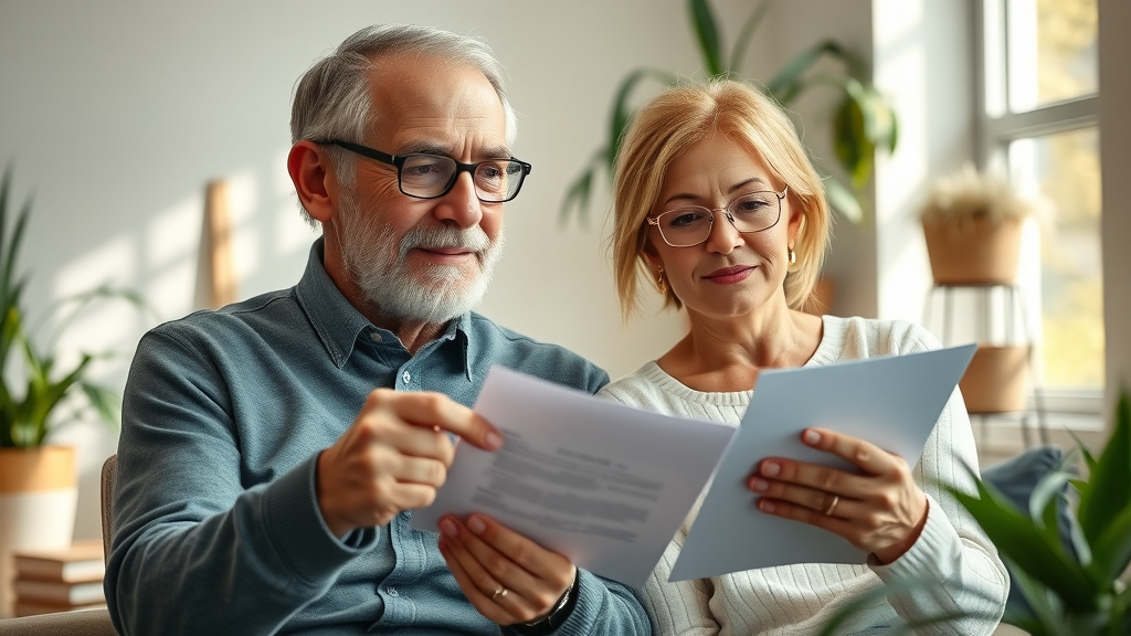 Confident older adult couple integrating retirement wellness tips while planning their future with a tablet and papers