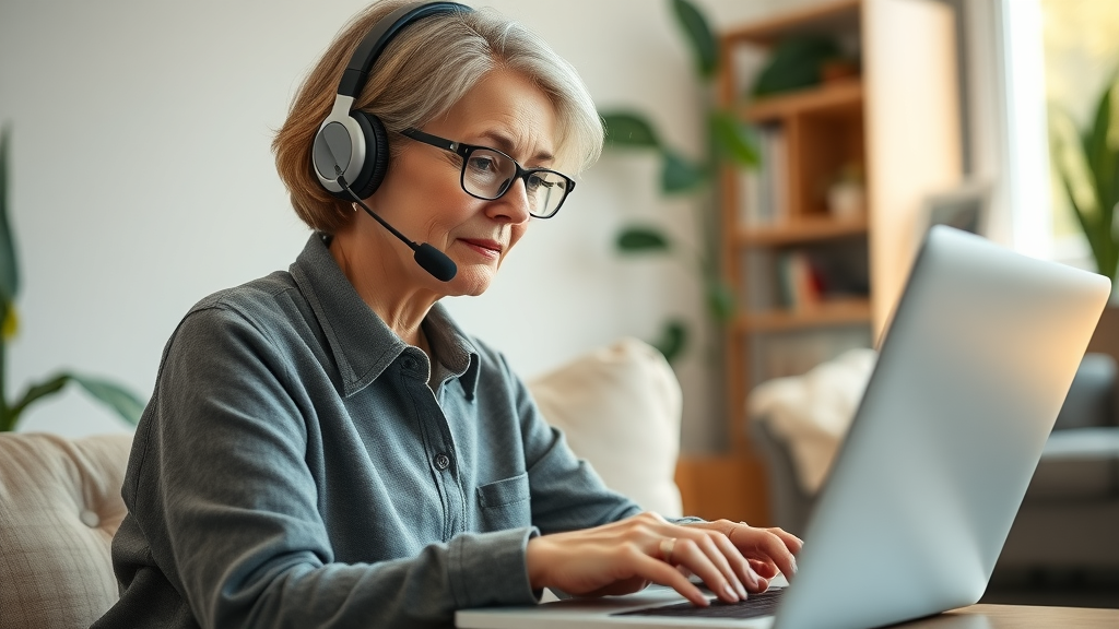 Older woman working from home as a customer service representative, a flexible side hustle for retirees to earn extra money