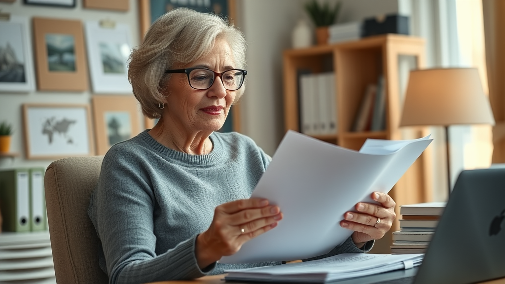 Empowered senior woman reviews her diversified retirement income portfolio, achieving financial freedom in retirement.
