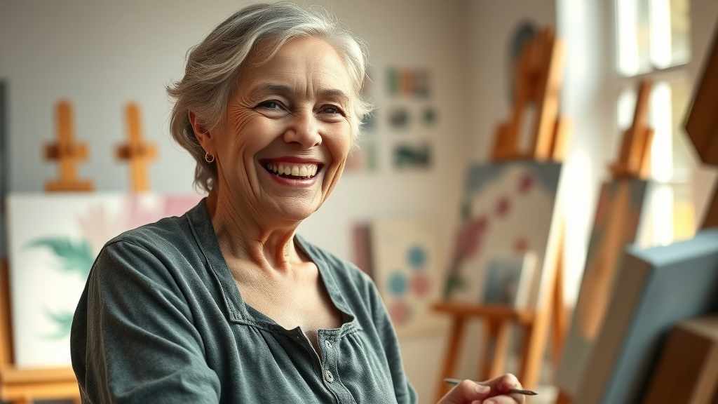 benefits of downsizing in retirement: Joyful senior woman painting in a sunlit studio, surrounded by art supplies, expressing freedom and fulfillment