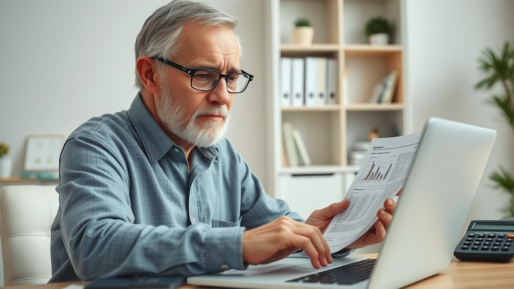 Retirement downsizing and planning: Older man calculating capital gains tax and property taxes at home