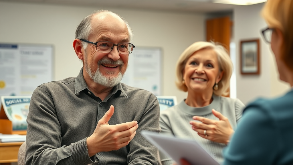 Retirement financial planning happy retired couple meeting social security counselor to maximize retirement benefits