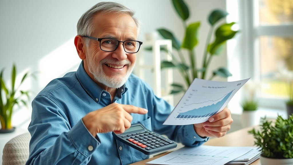 confident senior showing financial benefits of downsizing with calculator and home value chart, bright office, financial documents