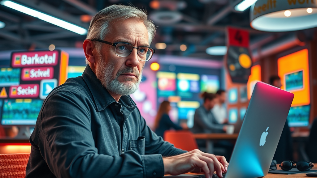 Determined older professional working on laptop to find side hustle and income opportunities after retirement
