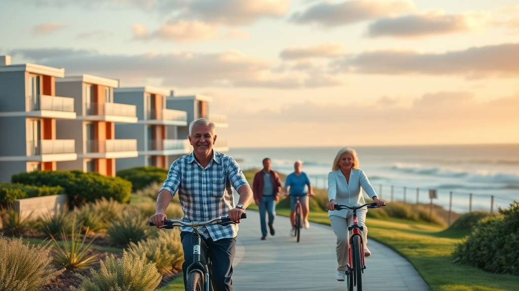 modern retirement village buildings, active seniors enjoying coastal Bay of Plenty setting