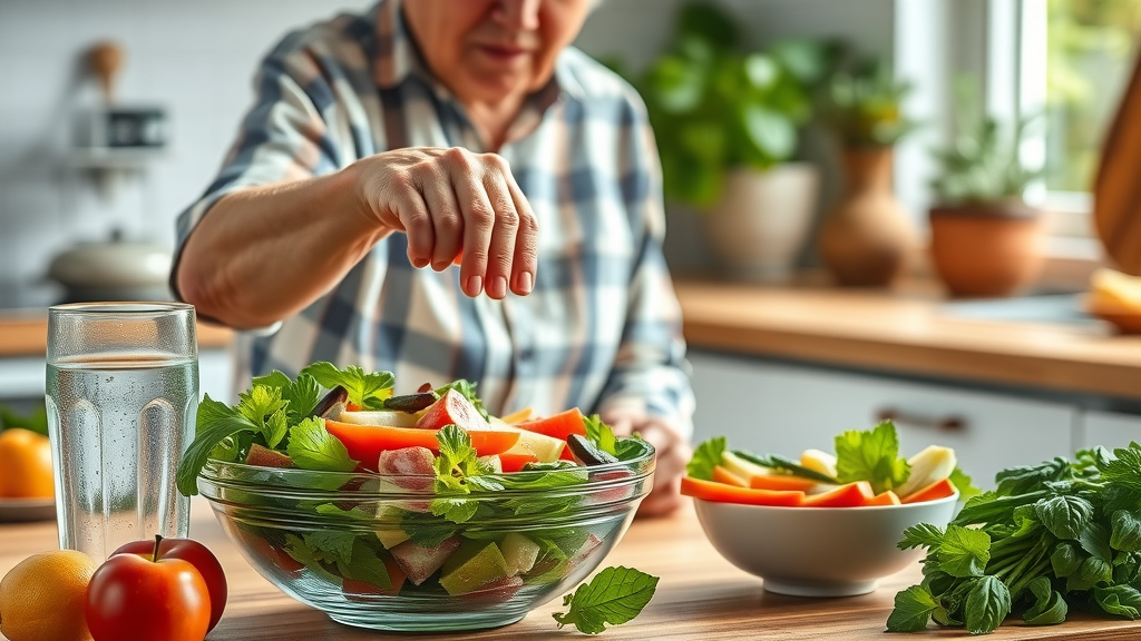 Fresh colorful salad and water prepared by an older adult, promoting nutrition and retirement wellness tips