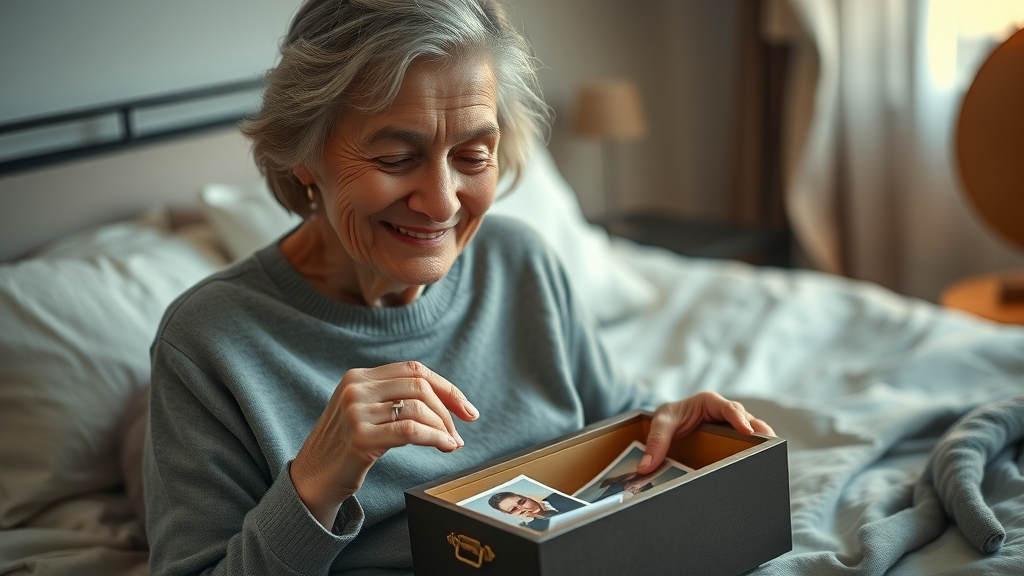 serene elderly woman carefully storing treasured photos, sentimental items, senior downsizing, sense of gratitude and closure in softly lit room
