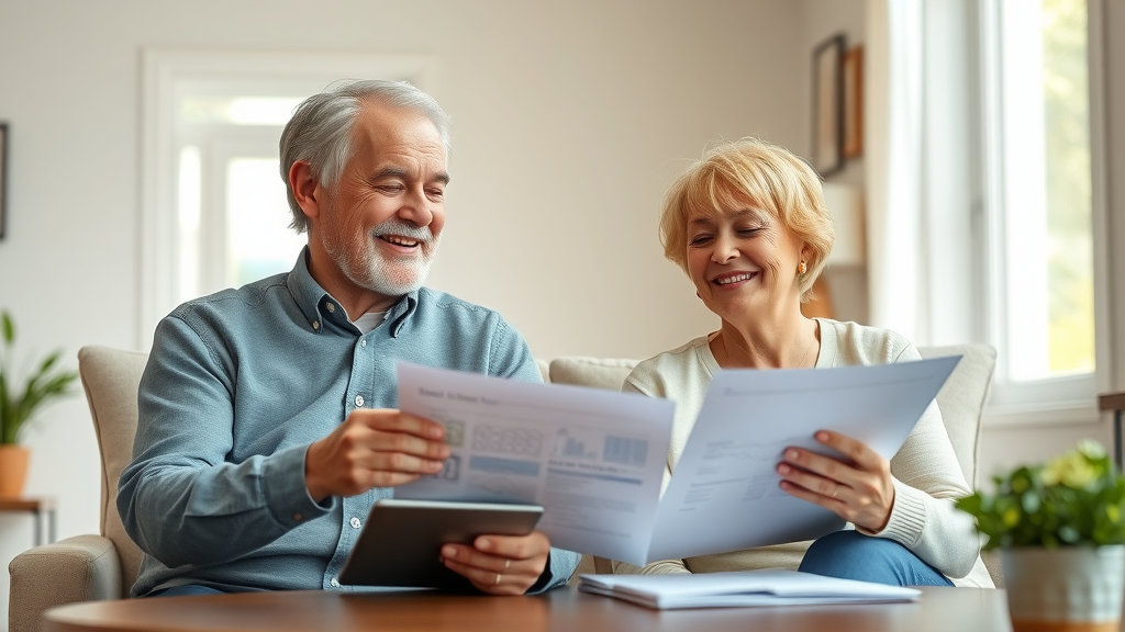 Retirement downsizing tips: senior couple reviewing home plans in a bright living room