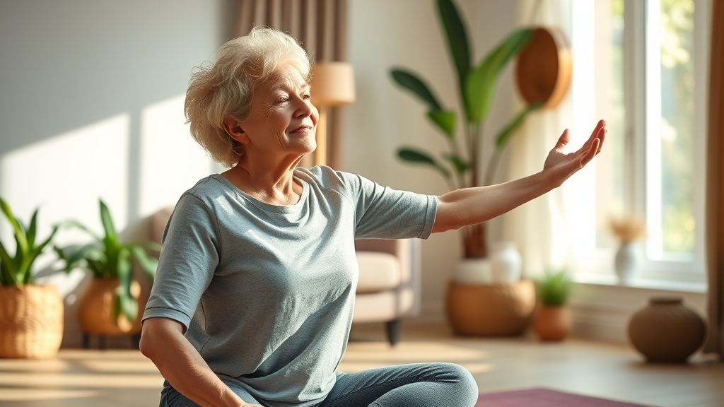 Active older woman practicing yoga, healthy habits after retirement