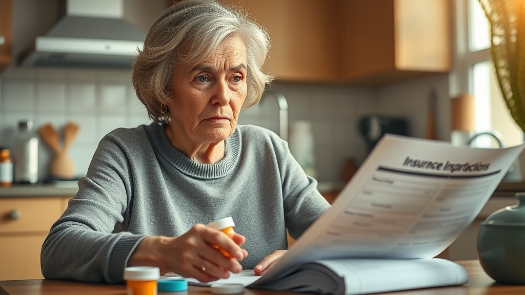 Concerned senior woman examining prescription bottles and insurance documents for prescription drug and health coverage.
