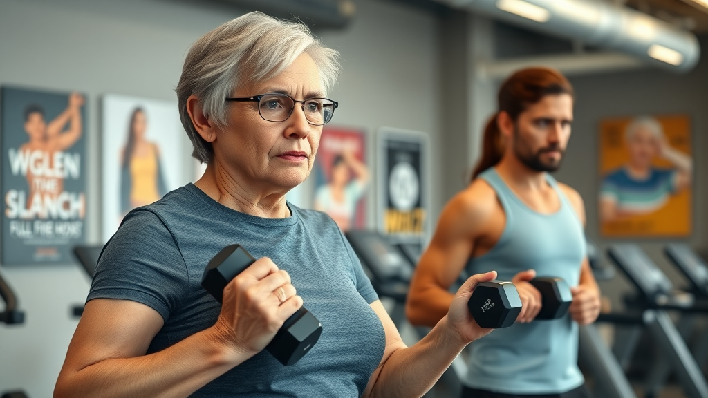 active senior woman using light dumbbells with trainer in modern fitness center – strength training for older adults