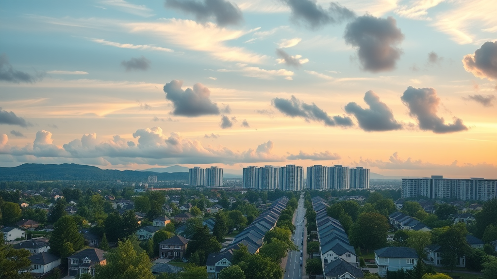 Tranquil residential and modern apartment buildings representing a property portfolio and investment property for retirement