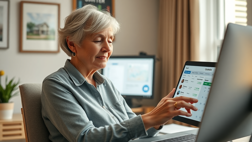 retired woman checking vacation rental property income, analyzing returns online in home office