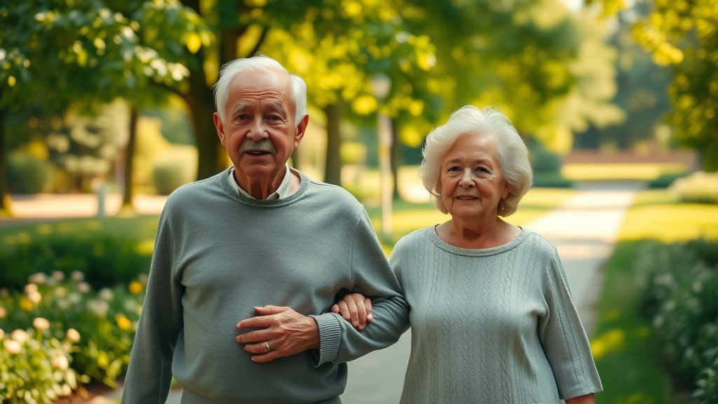 Inspired elderly couple, hopeful expressions, walking in sunlit park, prioritizing mental health in retirement, happy retirement journey