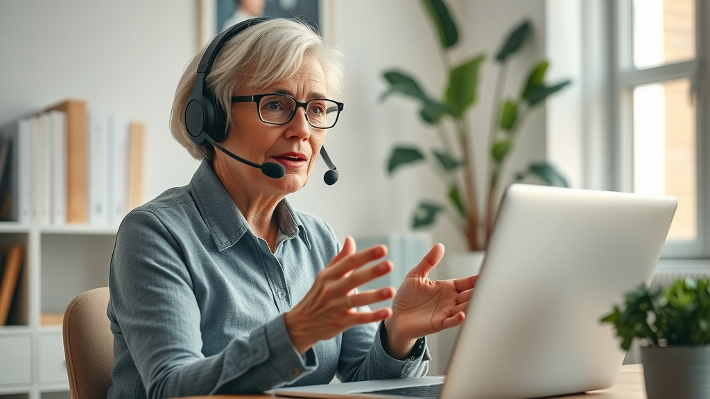 Active retired woman teaching an online class as an income opportunity after retirement