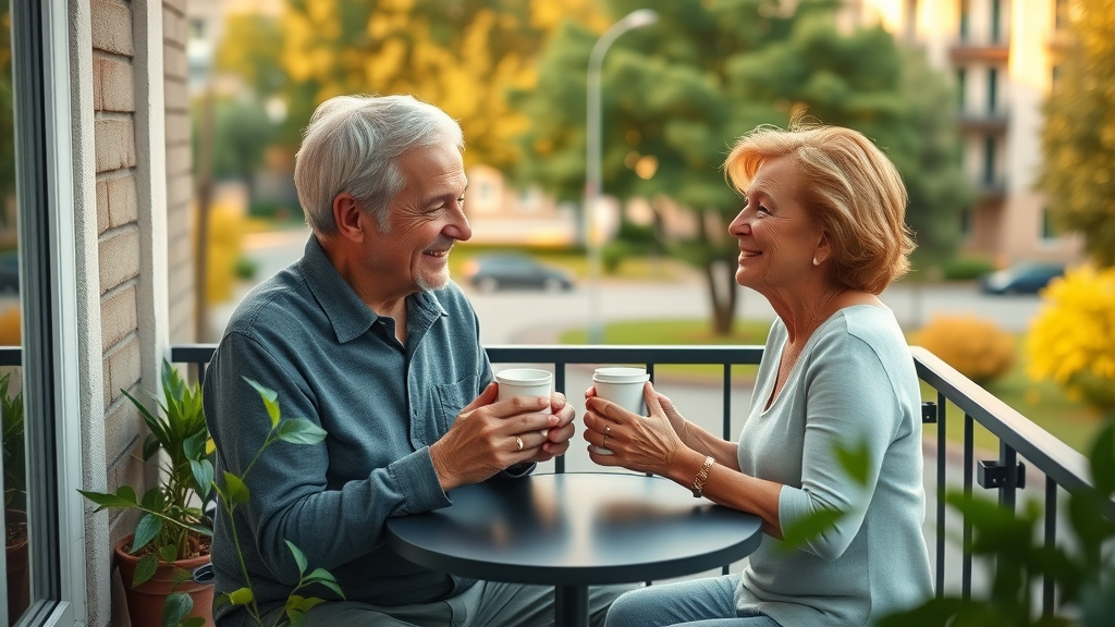 Downsizing and retirement planning: Happy older couple enjoying a peaceful moment on a downsized apartment