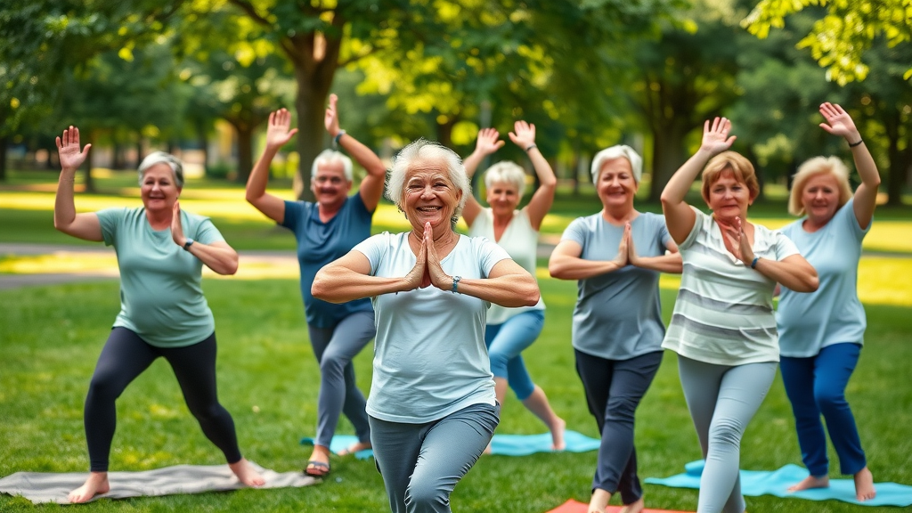 Group of older adults, enthusiastic expressions, physical activity, yoga, park, mental health in retirement