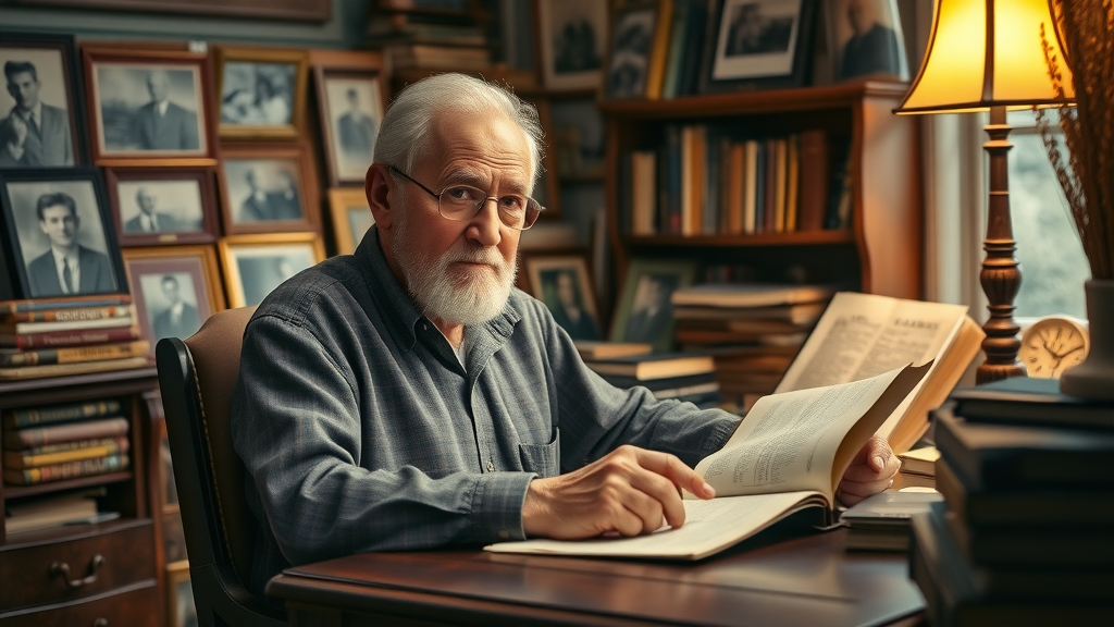 Wise retired man working on family memoirs, sense of purpose after retirement