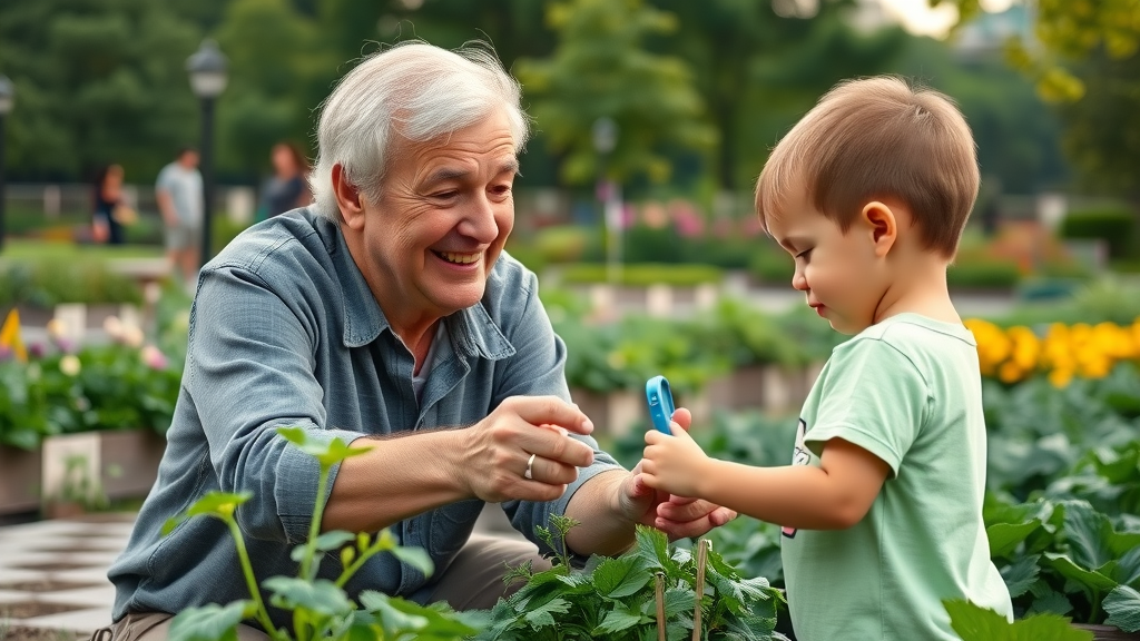 older adult teaching gardening to a young child in a vibrant community garden, illustrating intergenerational connection through active aging strategies