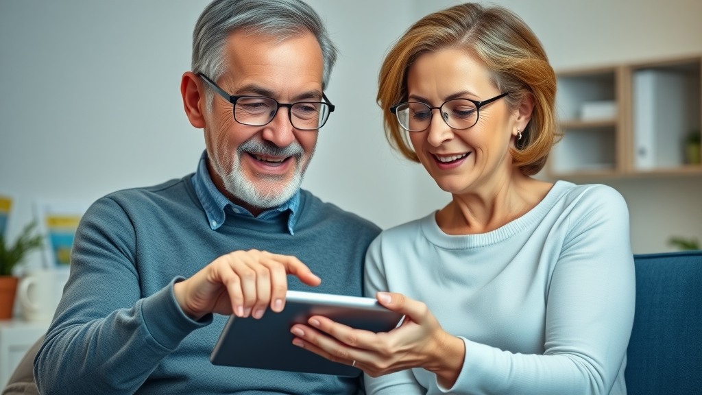 older adult couple practicing active aging strategies by using a tablet to access health care resources together in a modern, supportive home office environment